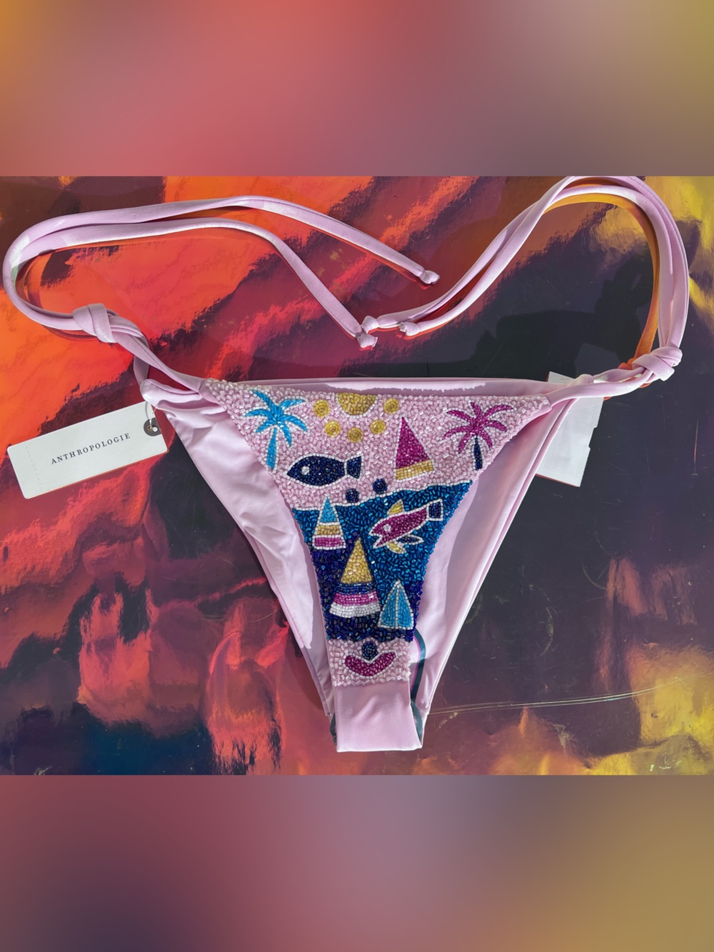 NWT Anthropologie Oceanus Pink With Beaded Ocean Design bikini Bottom Size XS